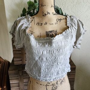 American Eagle Outfitters Light Gray Smocked Blouse